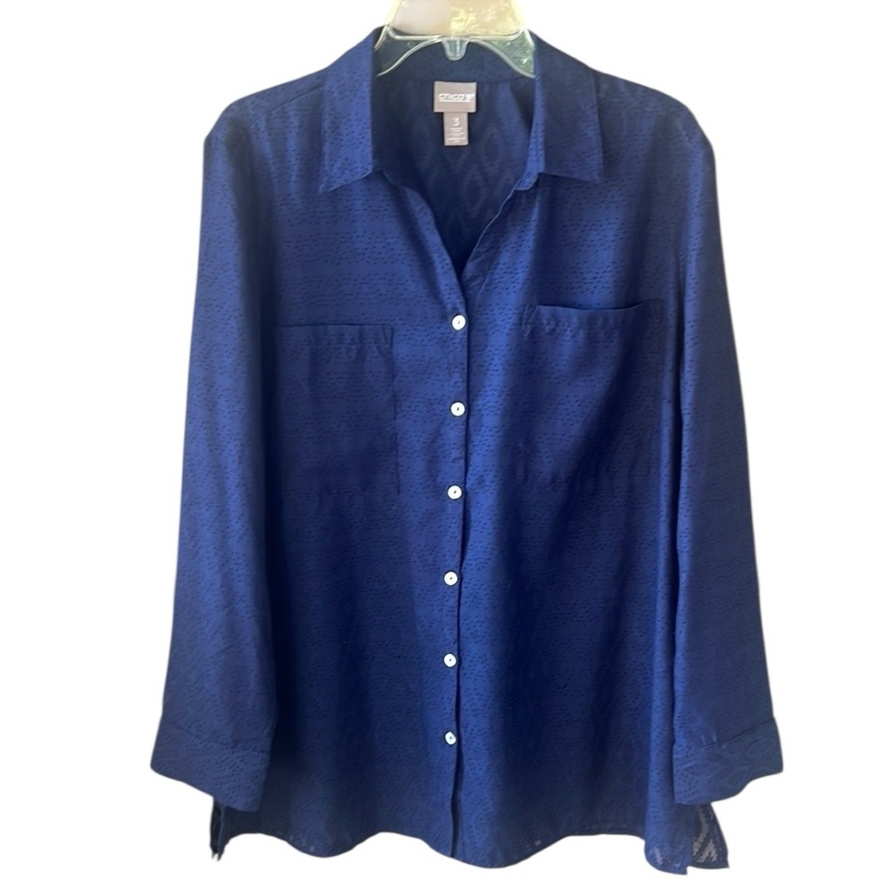 Chico’s XL Navy Textured Ikat Pattern Long Sleeve Blouse